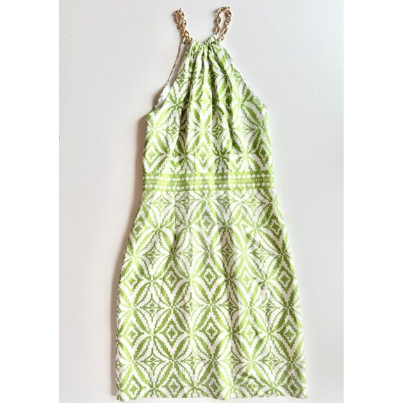 MILLY White Green Geometric Print Silk Twill Chain Halter Sheath Dress, Size 2 - Picture 5 of 14